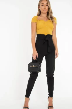 Rebellious Fashion Black Tie Front Crepe Cigarette Trousers - Ryanne