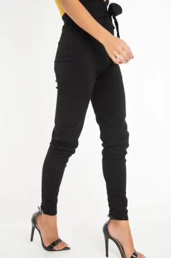 Rebellious Fashion Black Tie Front Crepe Cigarette Trousers - Ryanne