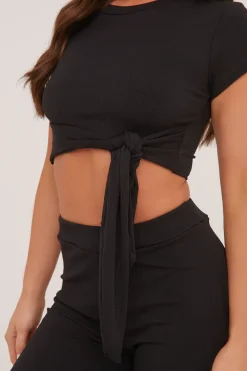 Rebellious Fashion Black Tie Front Cropped Top & Trousers Co-ord Set - Penney