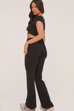 Rebellious Fashion Black Tie Front Cropped Top & Trousers Co-ord Set - Penney