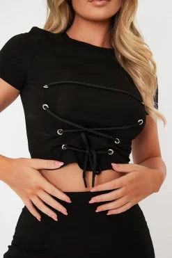 Rebellious Fashion Black Tie Front Cropped T-Shirt + Cycling Shorts Set - Neah