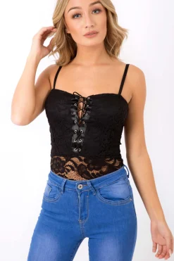 Rebellious Fashion Black Tie Front Lace Bodysuit - Tiana