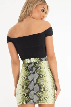 Rebellious Fashion Black Tie Front Ruched Off Shoulder Crop Top - Blake