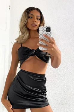 Rebellious Fashion Black Tie Front Satin Crop Top + Skirt Co-ord - Orla