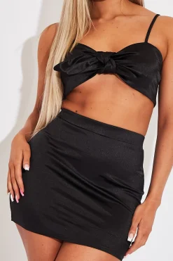 Rebellious Fashion Black Tie Front Satin Crop Top + Skirt Co-ord - Orla