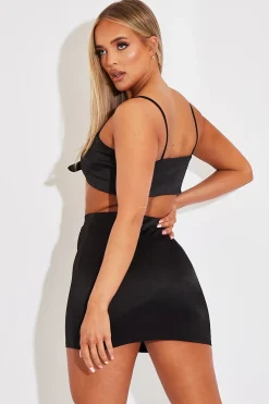 Rebellious Fashion Black Tie Front Satin Crop Top + Skirt Co-ord - Orla