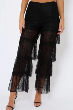 Rebellious Fashion Black Tiered Frill Lace Pants - Frida