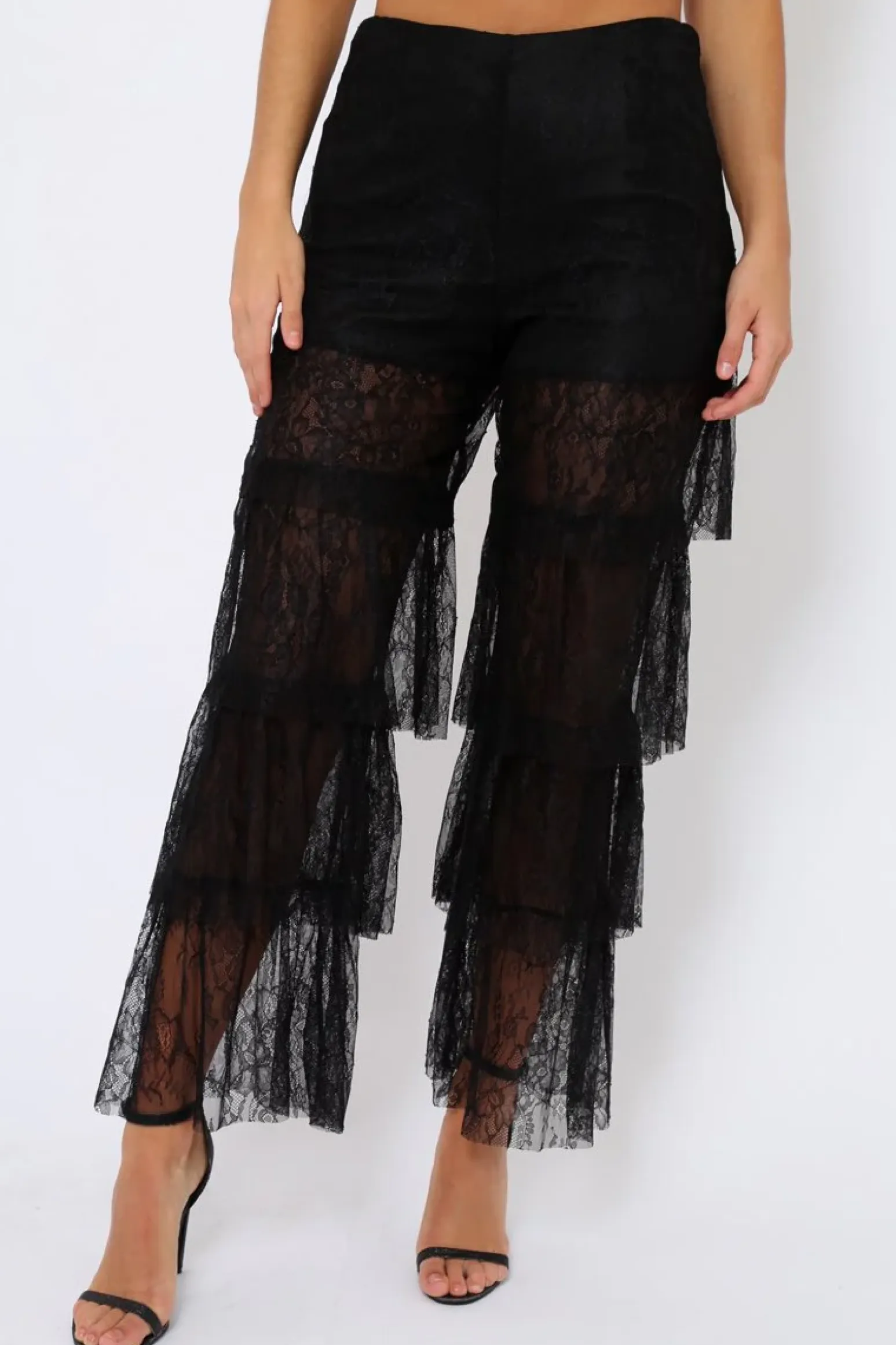 Rebellious Fashion Black Tiered Frill Lace Pants - Frida