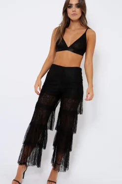 Rebellious Fashion Black Tiered Frill Lace Pants - Frida