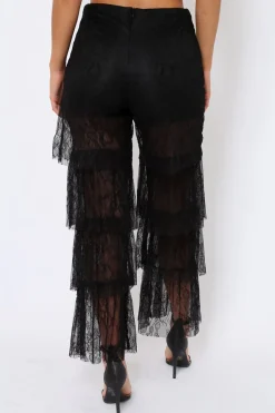 Rebellious Fashion Black Tiered Frill Lace Pants - Frida