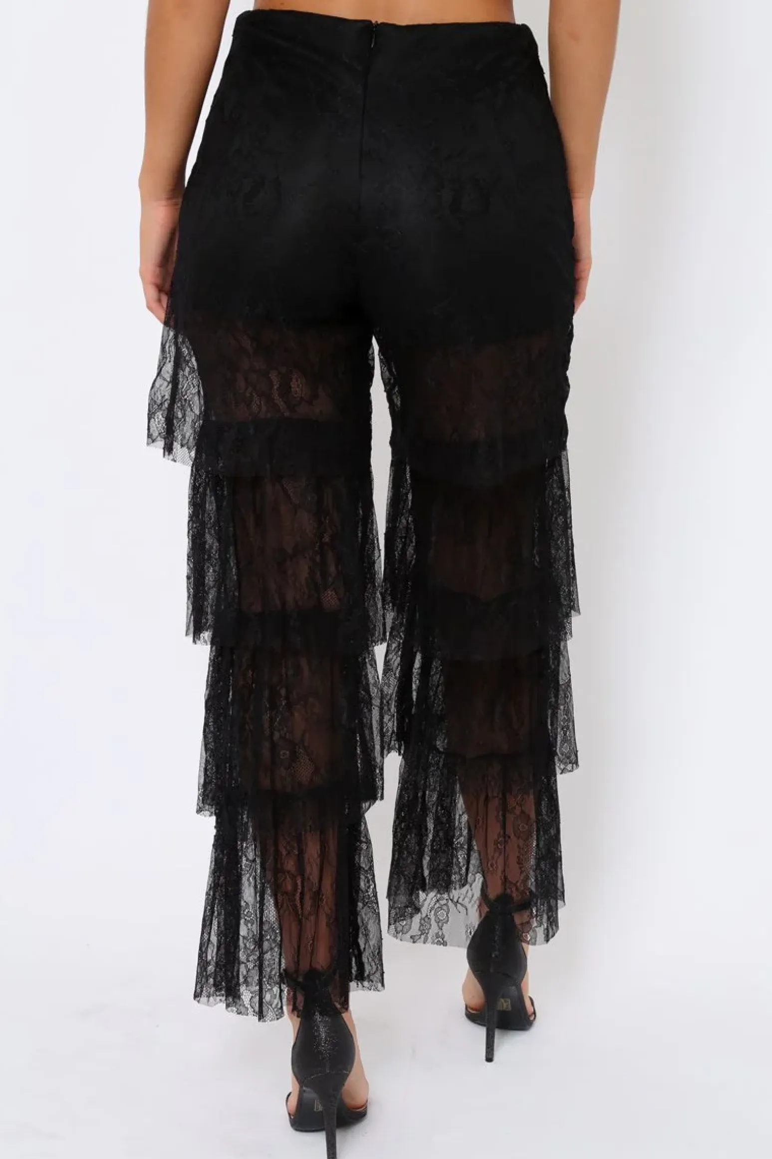 Rebellious Fashion Black Tiered Frill Lace Pants - Frida