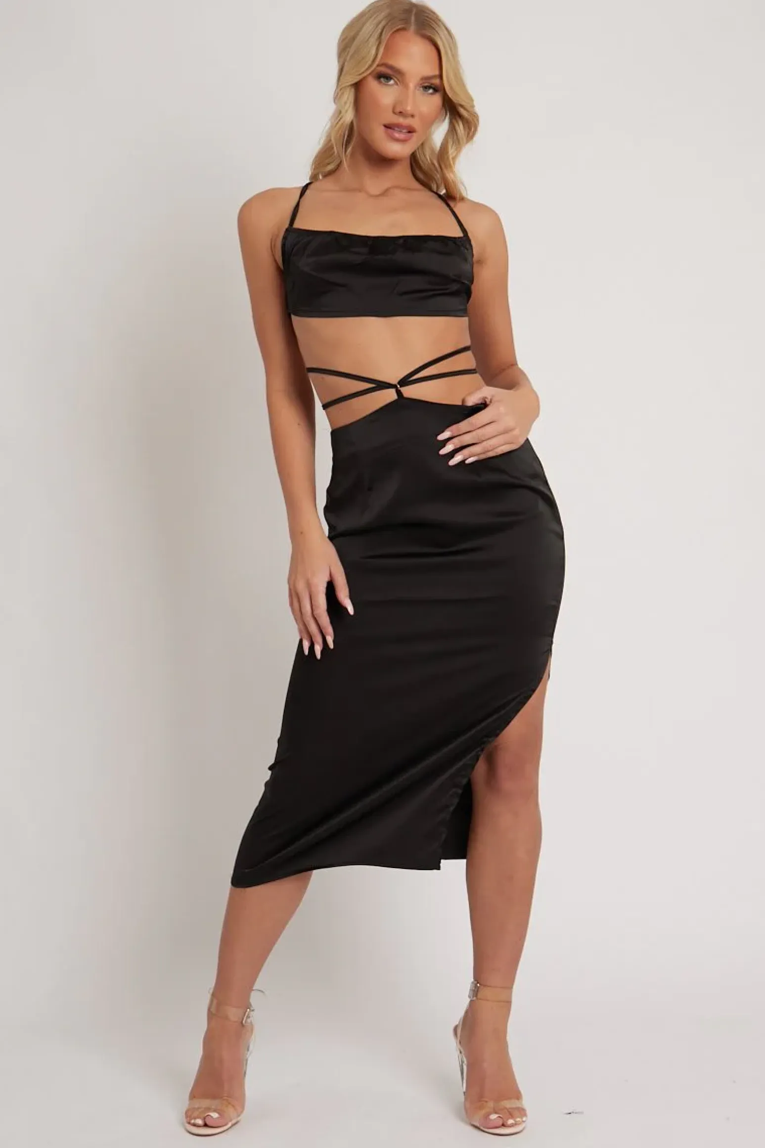 Rebellious Fashion Black Tie Wrap Around Satin Crop Top & Skirt Co-Ord - Aalaysia
