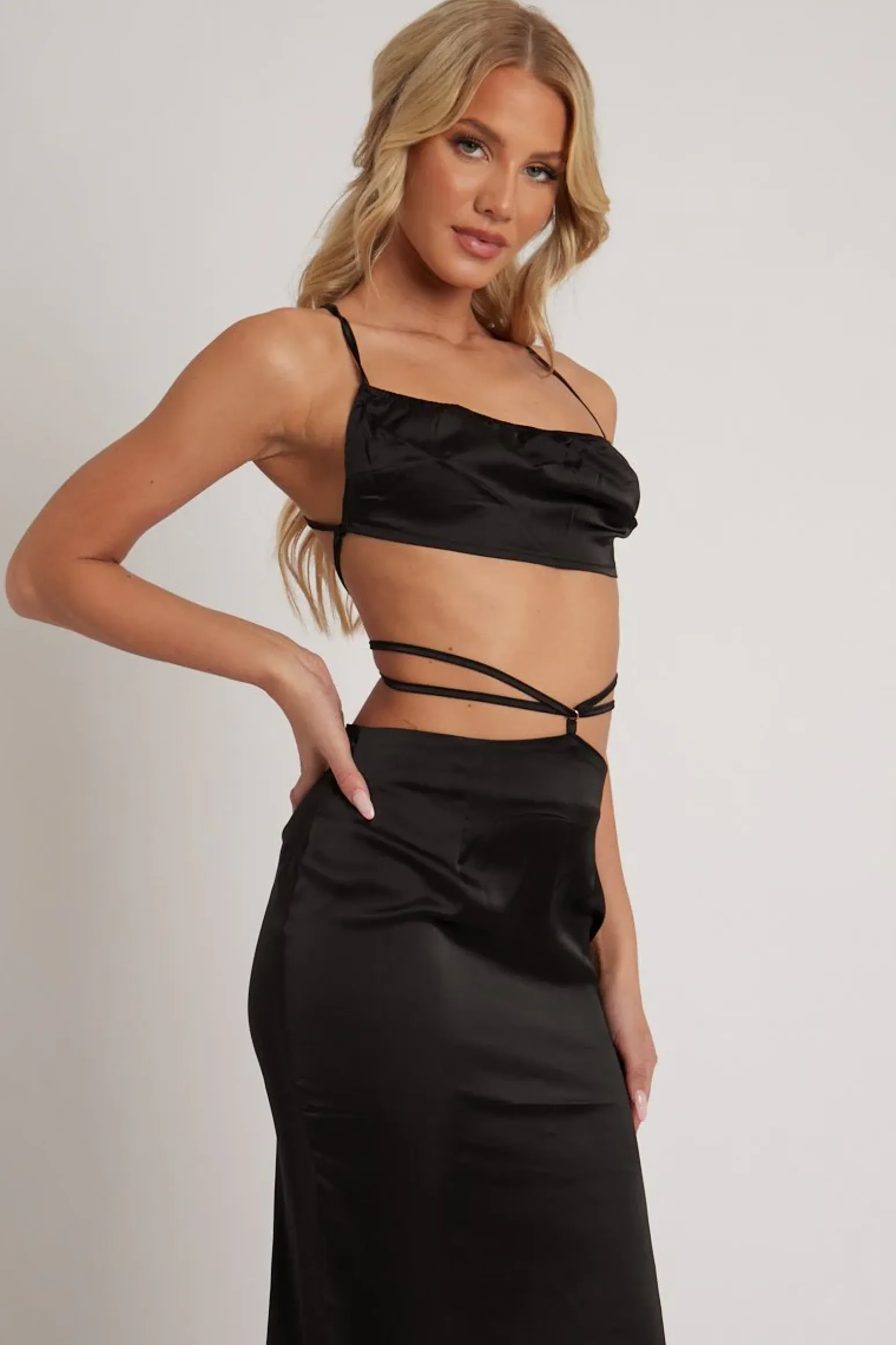 Rebellious Fashion Black Tie Wrap Around Satin Crop Top & Skirt Co-Ord - Aalaysia