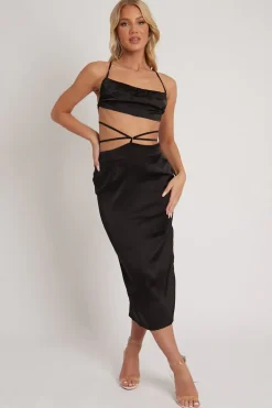 Rebellious Fashion Black Tie Wrap Around Satin Crop Top & Skirt Co-Ord - Aalaysia
