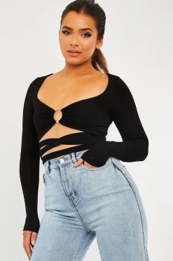 Rebellious Fashion Black Tie Wrap Front Ring Detail Crop Top - Taylor