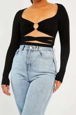 Rebellious Fashion Black Tie Wrap Front Ring Detail Crop Top - Taylor