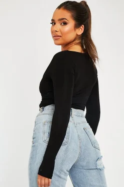 Rebellious Fashion Black Tie Wrap Front Ring Detail Crop Top - Taylor