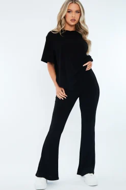Rebellious Fashion Black Towelling T- Shirt & Flare Trouser Set - Tania