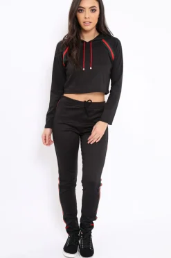 Rebellious Fashion Black Tracksuit with Khaki and Red Side Stripe - Beatrix