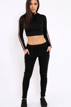 Rebellious Fashion Black Tracksuit with Red White and Black Side Stripe - Kasey