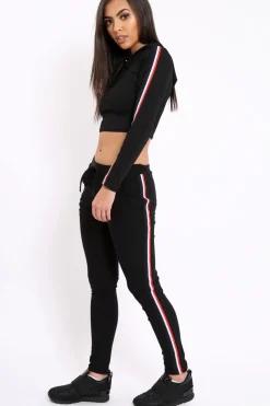 Rebellious Fashion Black Tracksuit with Red White and Black Side Stripe - Kasey