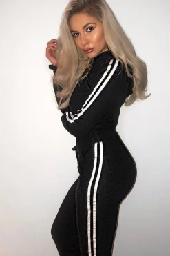 Rebellious Fashion Black Tracksuit with White Side Stripe - Kady