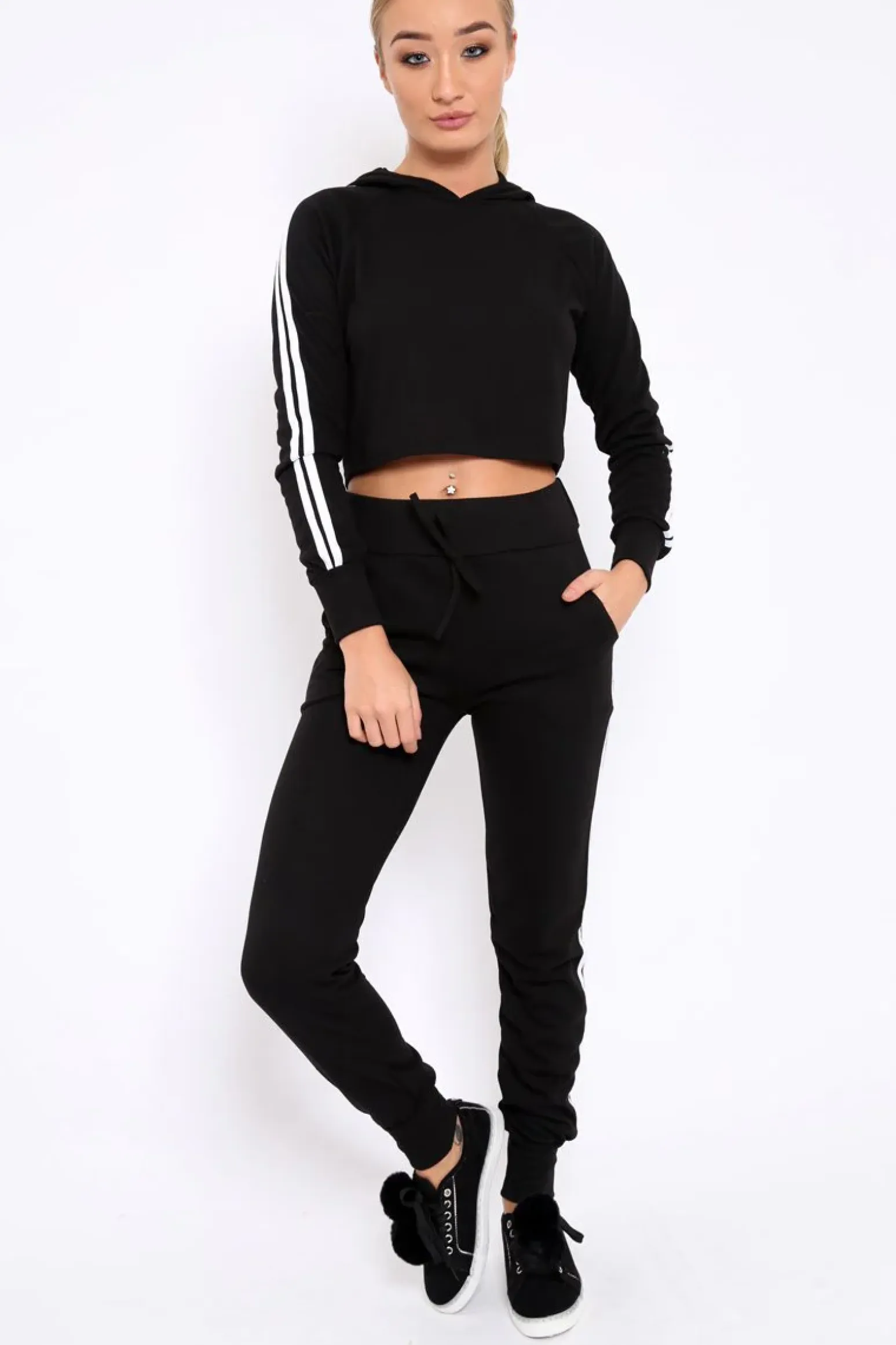 Rebellious Fashion Black Tracksuit with White Side Stripe - Kady