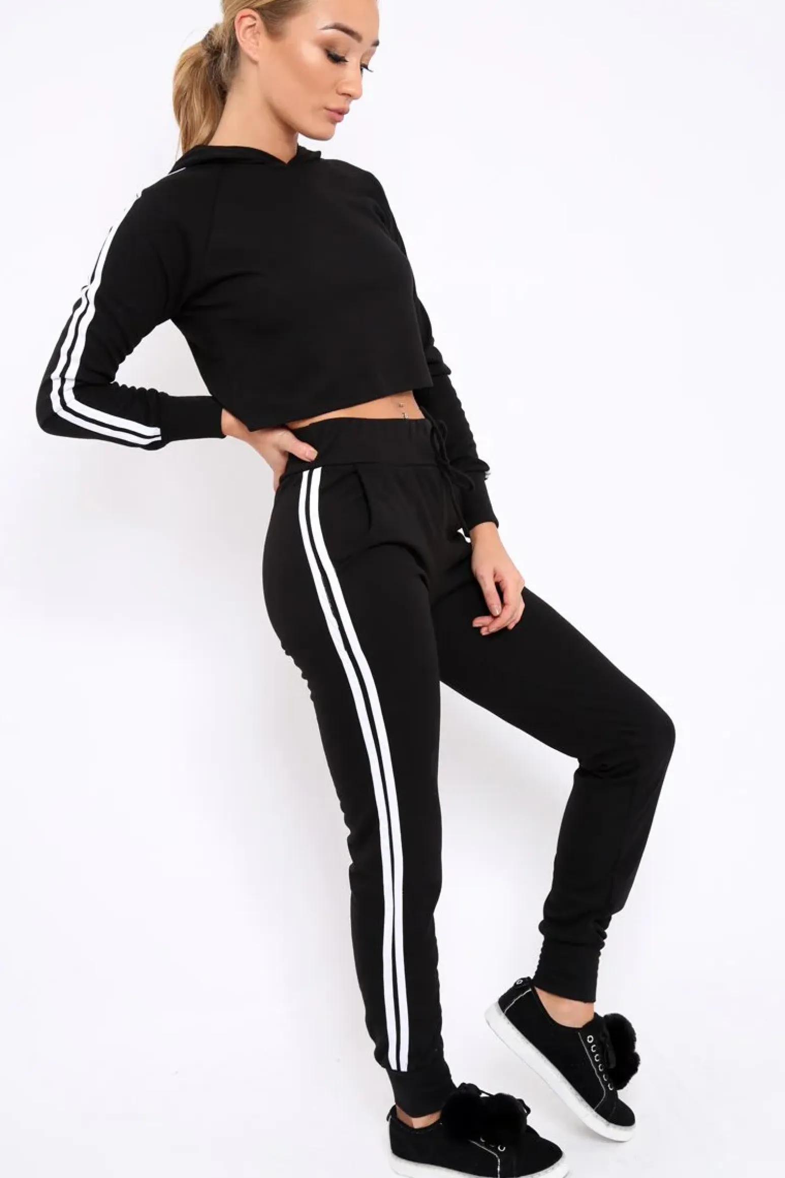 Rebellious Fashion Black Tracksuit with White Side Stripe - Kady