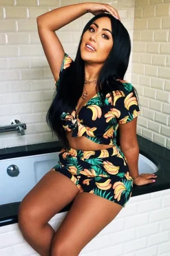 Rebellious Fashion Black Tropical Print Crop Top and Shorts Co-ord - Olivia