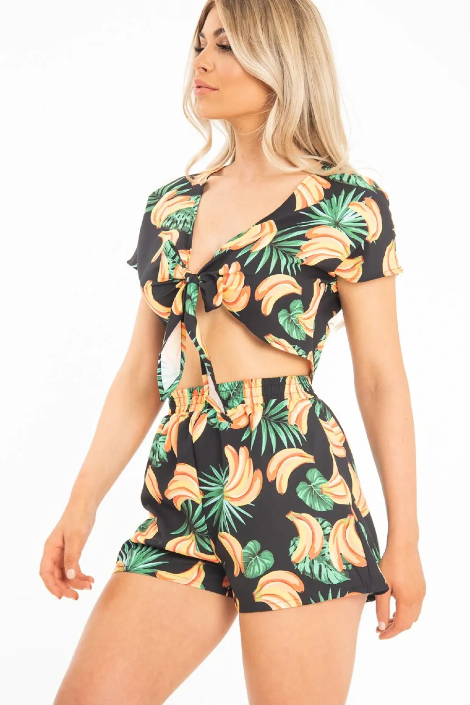 Rebellious Fashion Black Tropical Print Crop Top and Shorts Co-ord - Olivia
