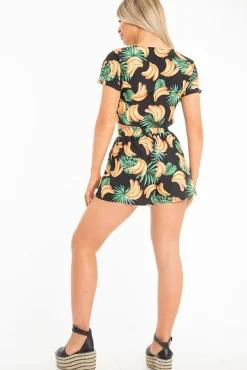 Rebellious Fashion Black Tropical Print Crop Top and Shorts Co-ord - Olivia