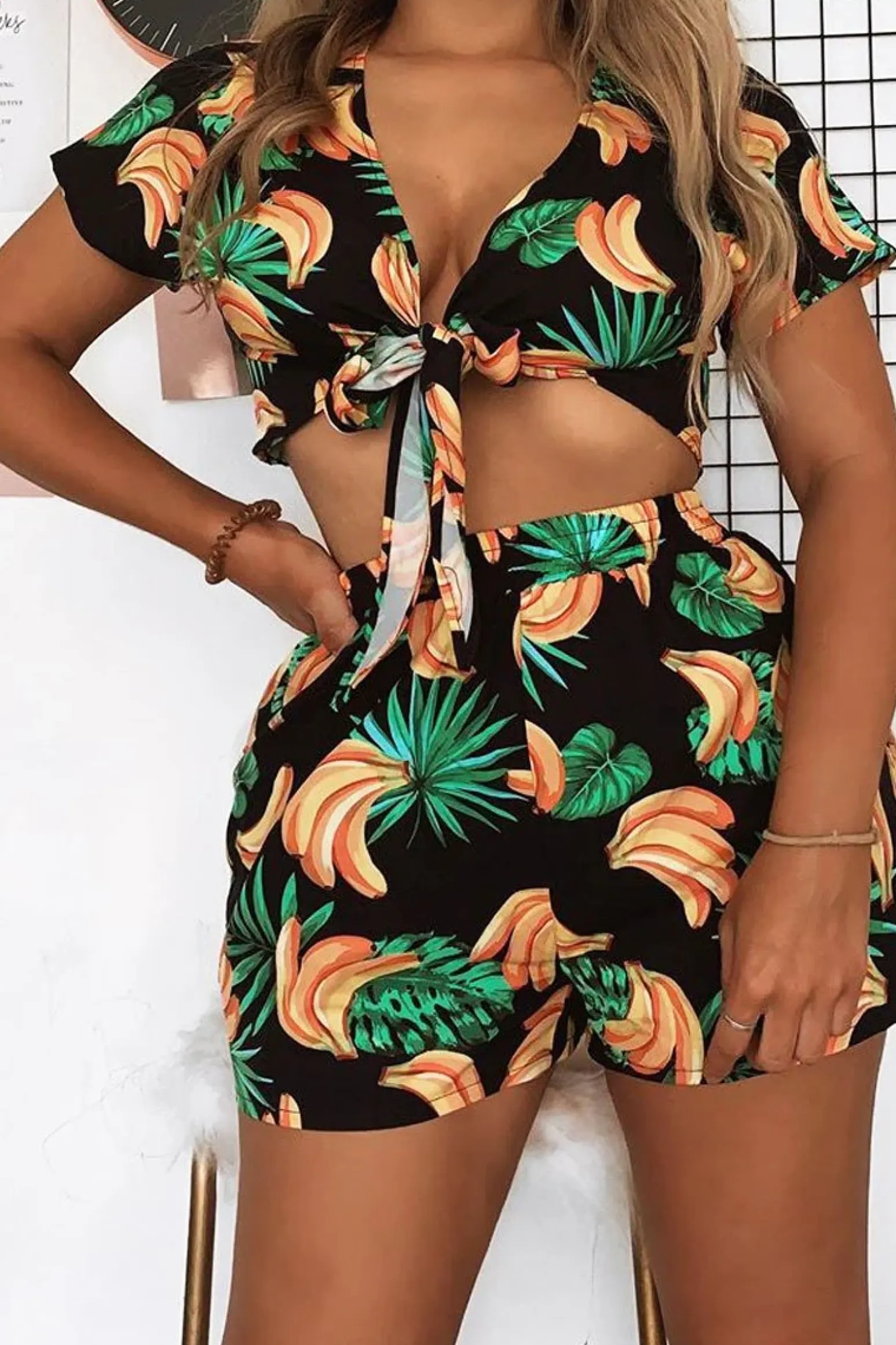 Rebellious Fashion Black Tropical Print Crop Top and Shorts Co-ord - Olivia