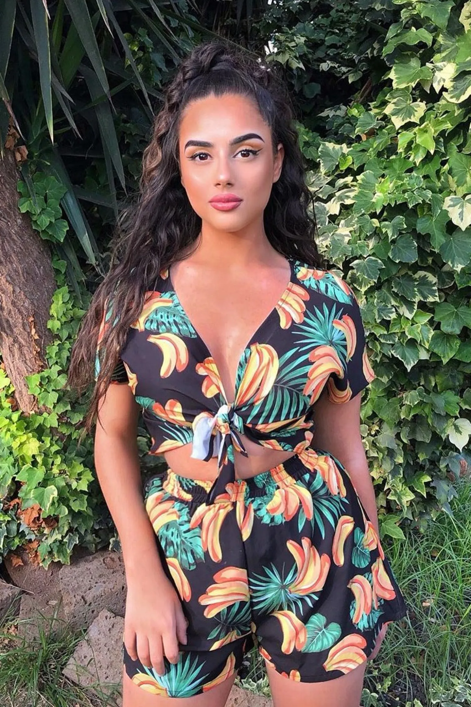 Rebellious Fashion Black Tropical Print Crop Top and Shorts Co-ord - Olivia