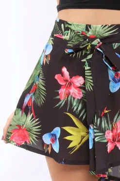 Rebellious Fashion Black Tropical Print Tie Waist Shorts - Tabby