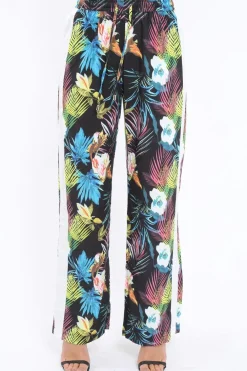 Rebellious Fashion Black Tropical Print Wide Leg Trousers - Ezrie