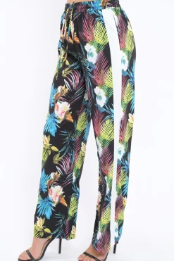 Rebellious Fashion Black Tropical Print Wide Leg Trousers - Ezrie