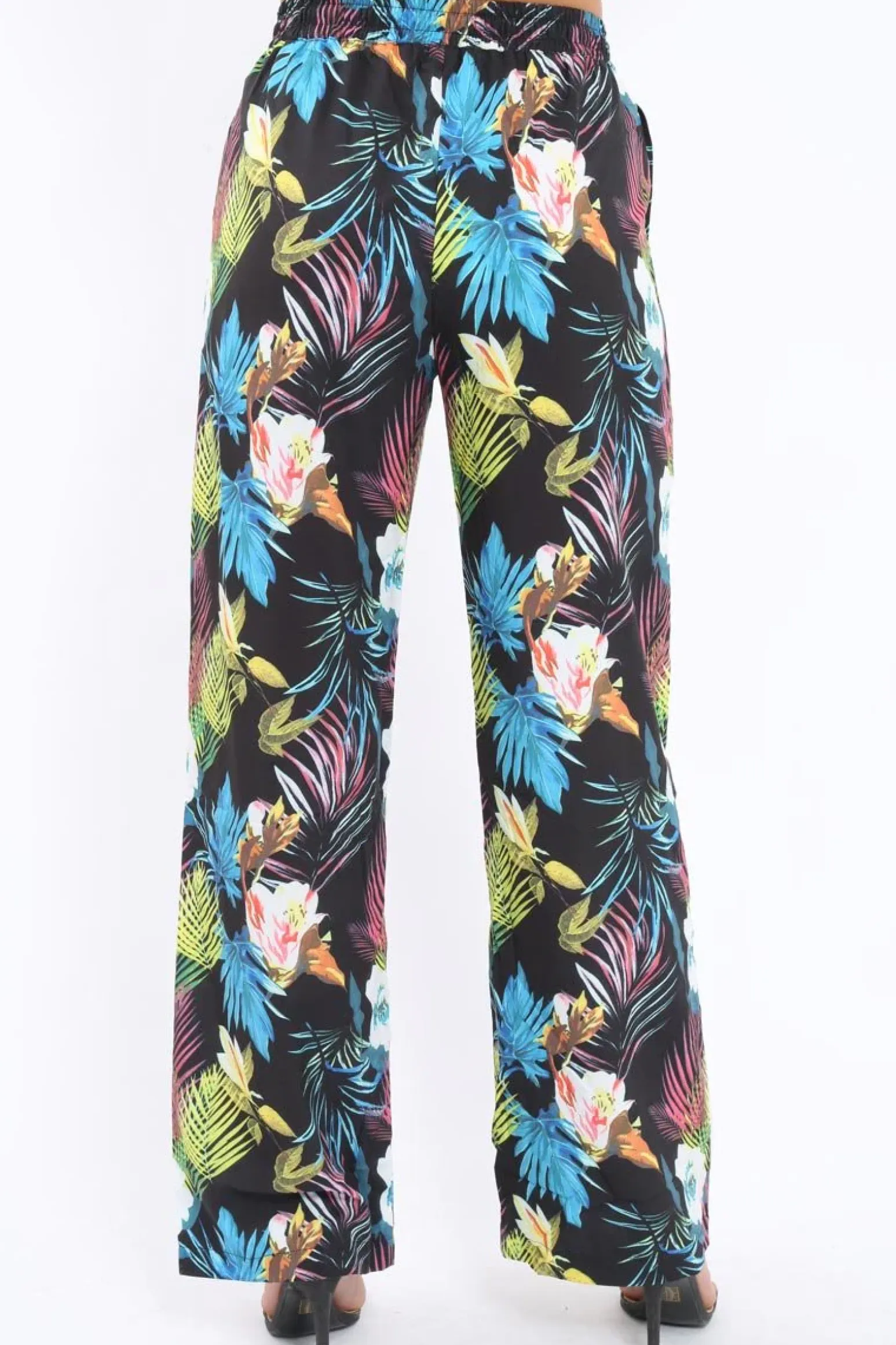 Rebellious Fashion Black Tropical Print Wide Leg Trousers - Ezrie