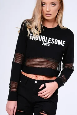 Rebellious Fashion Black 'Troublesome' Slogan Mesh Panel Cropped Jumper - Ollie