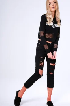 Rebellious Fashion Black 'Troublesome' Slogan Mesh Panel Cropped Jumper - Ollie