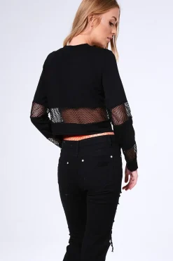 Rebellious Fashion Black 'Troublesome' Slogan Mesh Panel Cropped Jumper - Ollie