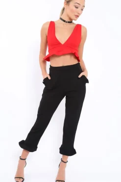 Rebellious Fashion Black Trousers with Frill Detailing - Brayley