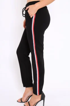 Rebellious Fashion Black Trousers with Red and White Side Stripe - Savanna