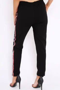 Rebellious Fashion Black Trousers with Red and White Side Stripe - Savanna