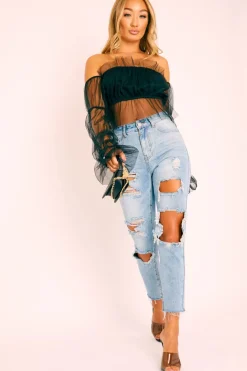 Rebellious Fashion Black Tulle Mesh Bardot Crop Top - Gemini