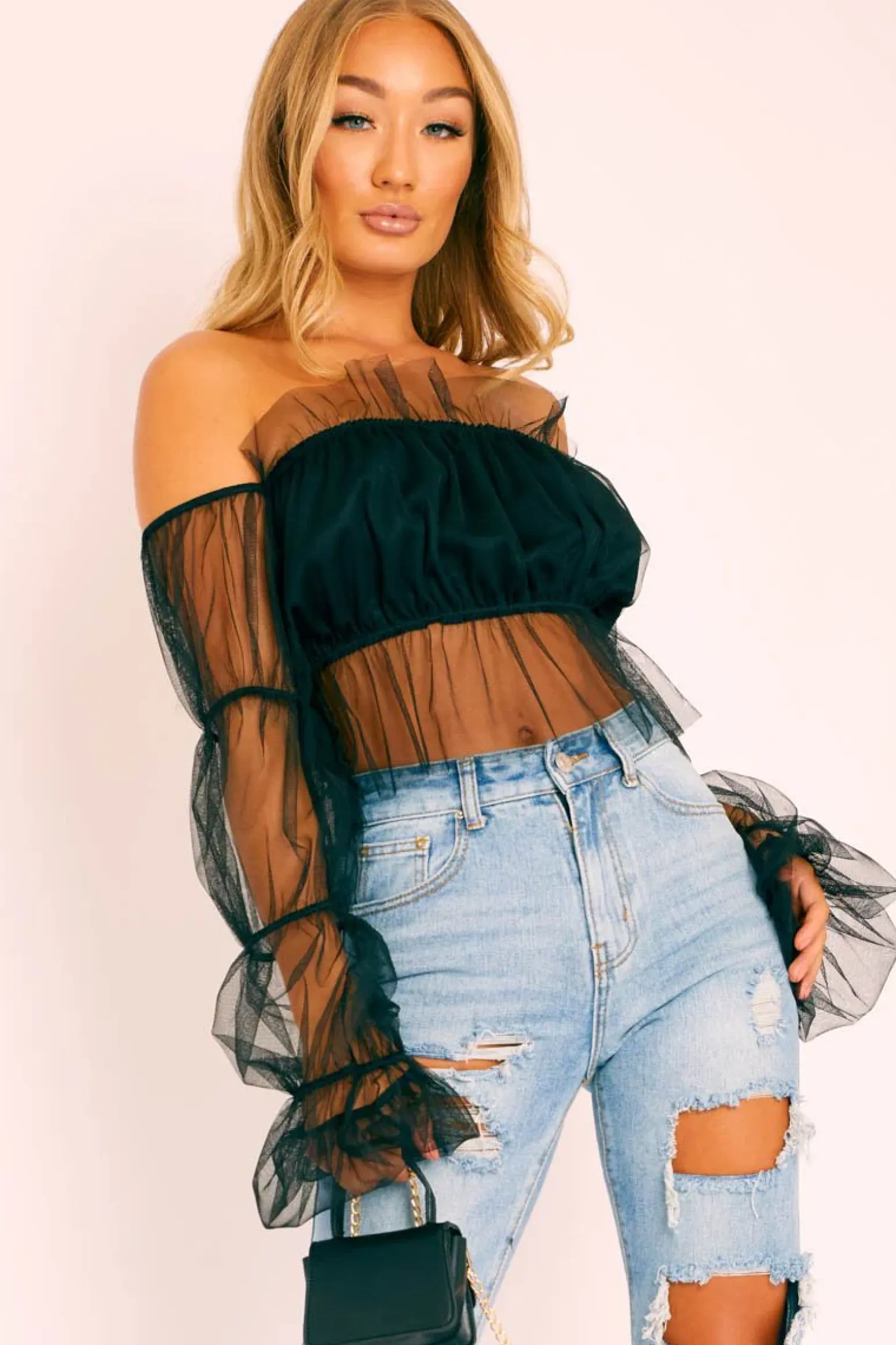 Rebellious Fashion Black Tulle Mesh Bardot Crop Top - Gemini