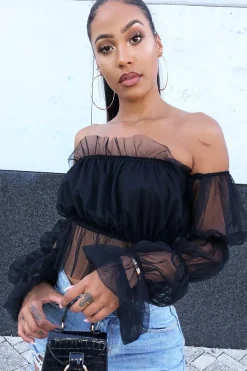 Rebellious Fashion Black Tulle Mesh Bardot Crop Top - Gemini