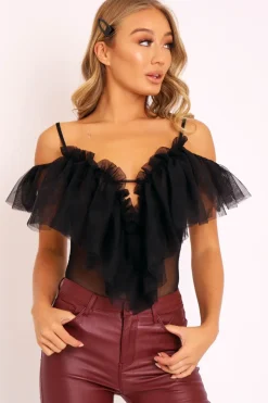 Rebellious Fashion Black Tulle Ruffle Bodysuit - Irelia