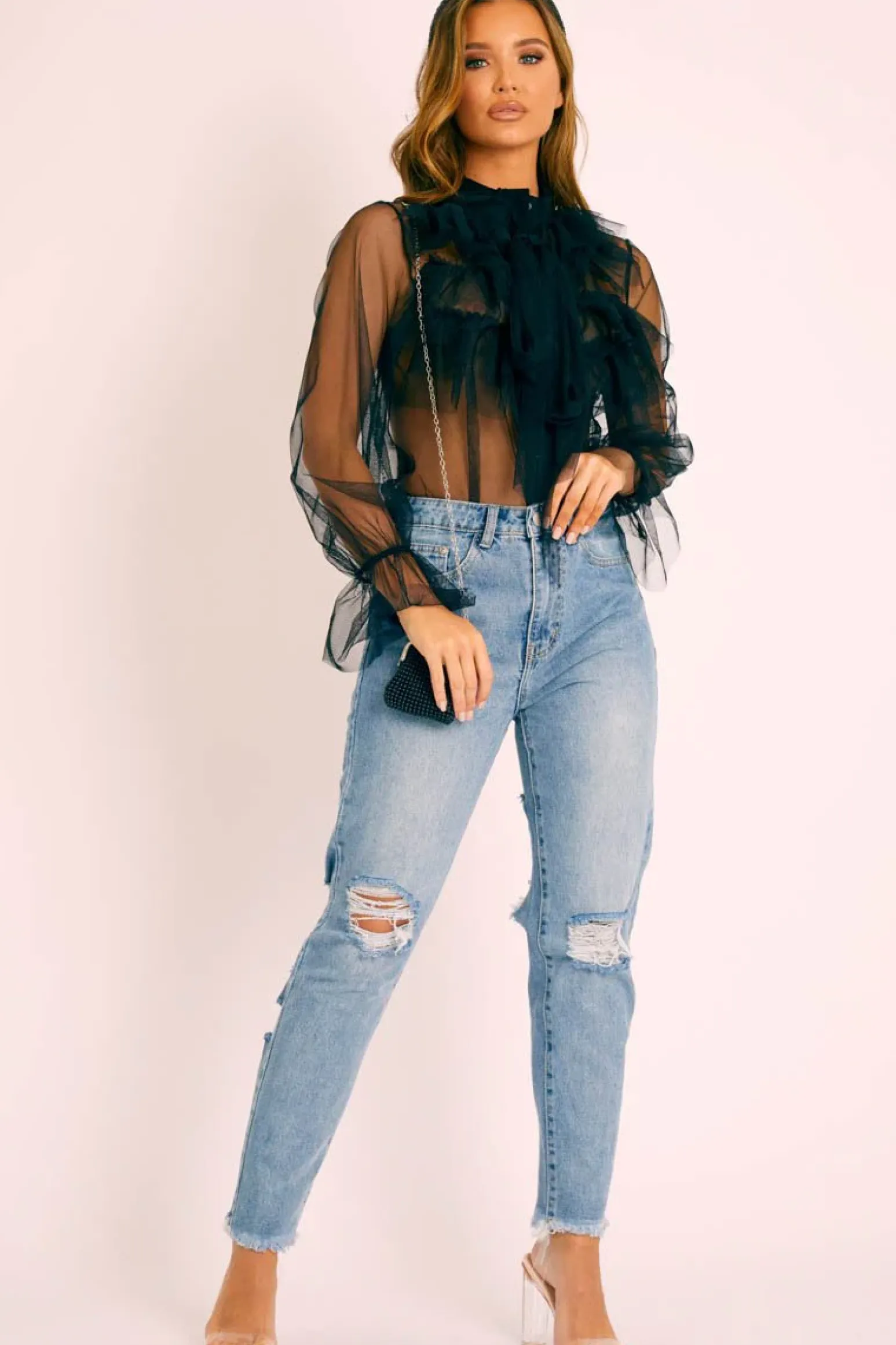 Rebellious Fashion Black Tulle Ruffle Tie Detail Shirt - Vanessa