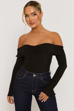 Rebellious Fashion Black Twist Bardot Bodysuit - Luiza