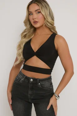 Rebellious Fashion Black Twist Front Cut Out Crop Top - Joyce